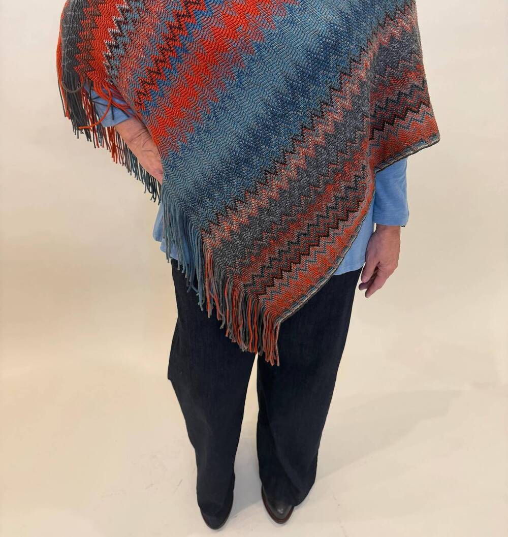 NEW K&K INTERIORS vibrant chevron knit fringe poncho in multi